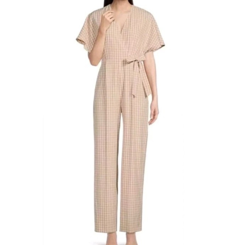 Alex Marie Jumpsuit‎ Cream Pink  Gingham Plaid Flutter Short Sleeve Size 10